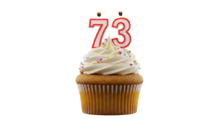 Close-up of cupcake with vanilla frosting. It has red, white number candles. Perfect for birthday party invitation, social media.