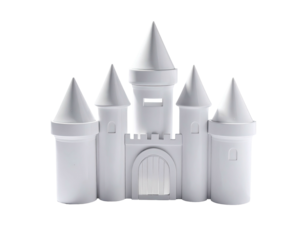 White toy castle with towers, turrets, and a gated doorway