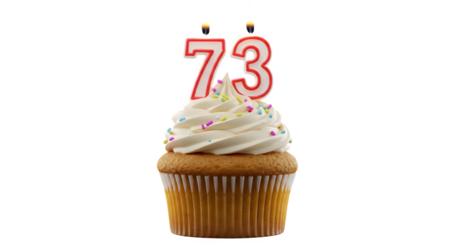 Close-up of cupcake with vanilla frosting. It has red, white number candles. Perfect for birthday party invitation, social media.