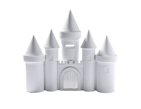 White toy castle with towers, turrets, and a gated doorway