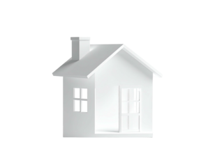 3D white house model with windows, door, and chimney on black background