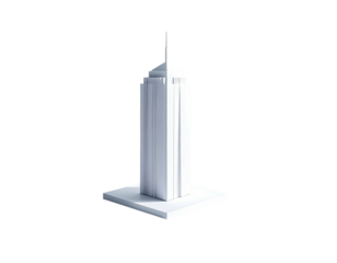Simple 3D rendering of a tall, white building with a spire against black