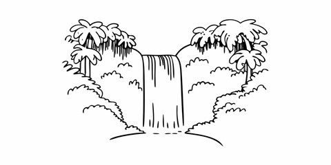 Fototapeta premium Illustration of a waterfall cascading down rocks surrounded by trees and bushes in a black and white drawing on transparent background