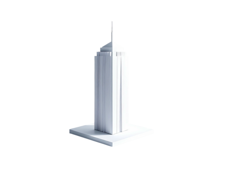 Simple 3D rendering of a tall, white building with a spire against black