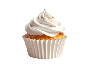 A single cupcake with swirled frosting in a white paper liner