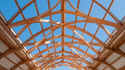 View of a wooden roof frame featuring intricate patterns under a bright blue sky, highlighting the craftsmanship and structural beauty of architecture.