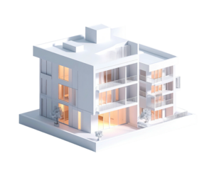 A minimalist, illuminated white building model with large windows