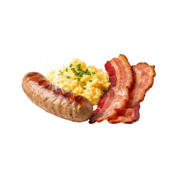 Perfectly seared breakfast sausage link with steam, fluffy scrambled eggs, crisp bacon, and chives on a white plate, isolated on transparent background, high-key studio lighting, appealing breakfast
