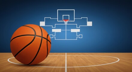 Court Blueprint Basketball on Wood Floor with Conceptual Diagram.