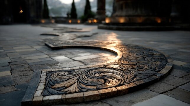 Fototapeta Crescent moon mosaic in black and white on stone pavement