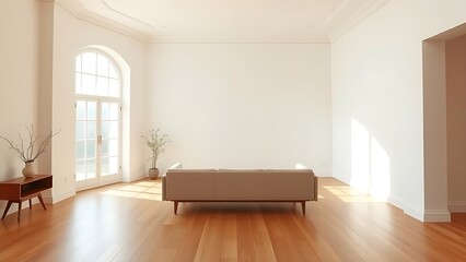 Minimalist living room with clean white walls and warm wood flooring, featuring mid-century modern furniture and soft natural light.
