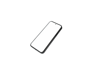 A smartphone with a blank white screen floats against a stark black background