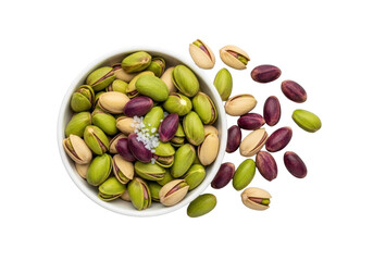 Vibrant green, deep purple shelled pistachios, some in a transparent ceramic bowl, others scattered with sea salt, on a seamless transparent background. Gourmet food product concept