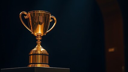 Golden trophy on a pedestal illuminated by a warm spotlight against a dark blurred background.