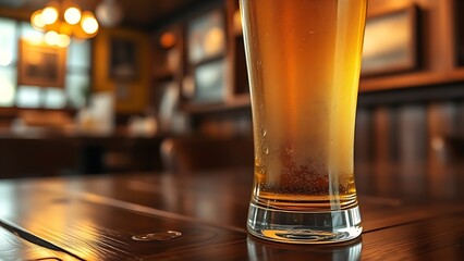 Close-up of a frosted beer glass with glistening condensation, evoking a cozy and inviting tavern atmosphere.