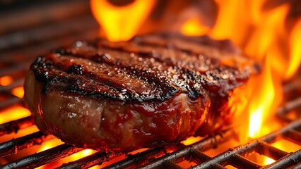 A close-up of a sizzling steak on a grill, showcasing rich caramelized textures.