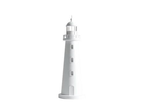 A tall, white, cylindrical beacon stands on a black background, guiding ships
