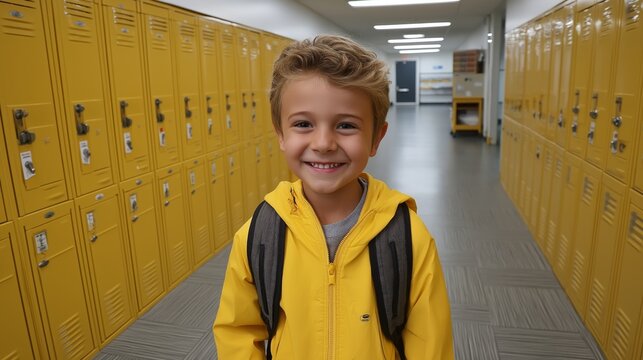 happy young boy smiling at school corridor 