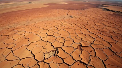 A cracked desert basin with grid lines, representing sudden ecological collapse.