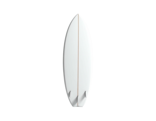 A white surfboard with three fins against a black background