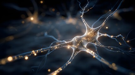 Detailed illustration showcasing a biological neuron cell with glowing elements, highlighting its intricate structure and network of connecting fibers, rendered in a modern and artistic manner with a.
