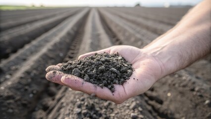 indigenous farmers usa Hand holding soil above plowed field, symbolizing agriculture and cultivation.
