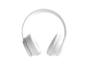 Overhead white headphones with ear cups and a curved headband, isolated on black