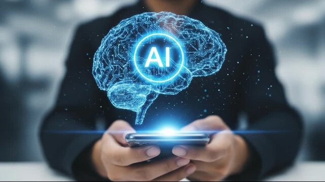 Person holding a smartphone with a glowing blue ai brain hologram emerging from the screen, representing artificial intelligence and technology