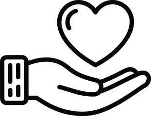 Hand holding heart icon vector, charity love symbol, support care concept, outline black line illustration, donation kindness flat design