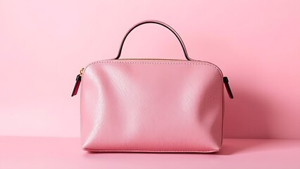 Elegant cosmetic bag on soft pink background, highlighting texture and design.