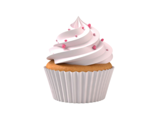 Isolated cupcake with swirl pink frosting and pink sprinkles on a black background