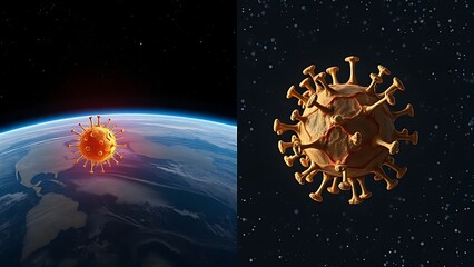 Two stem cells side by side—one vibrant on Earth, the other withered in starry space.