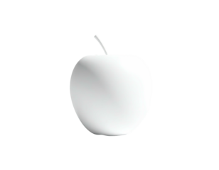 Shiny, white apple with a stem, set against a stark black background