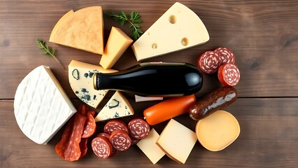 A bottle of wine accompanied by assorted cheeses and sausages arranged on a wooden surface.