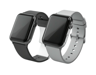 Two modern smartwatches, one black, one white, with sleek displays and bands