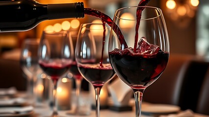 Red wine pouring into glasses, elegant dining atmosphere closeup.