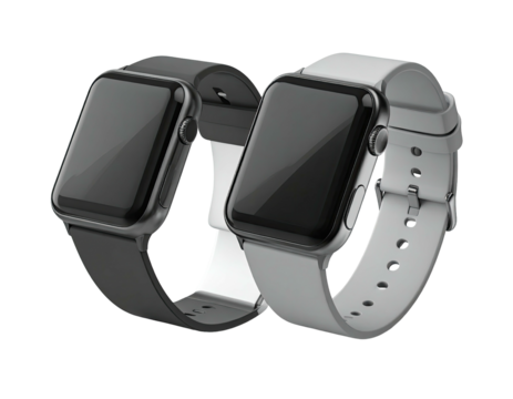 Two modern smartwatches, one black, one white, with sleek displays and bands - Powered by Adobe