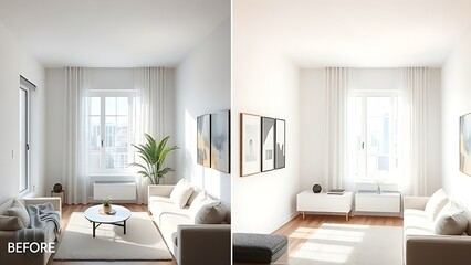 A modern living room corner showing a before and after transformation.