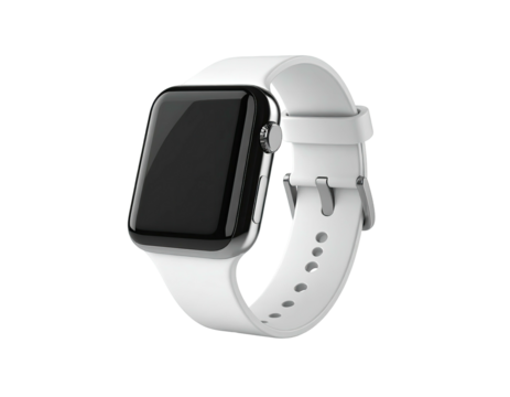 Sleek smartwatch with a white band, set against a black backdrop