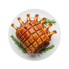 Perfect roasted golden-brown frenched pork crown roast, crispy, caramelized, garnished with rosemary on a glossy white platter against transparent, top-down studio shot. Culinary perfection concept