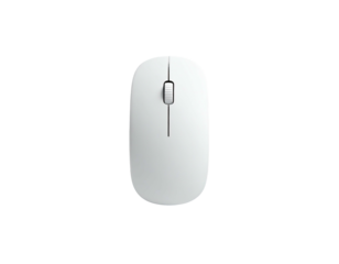 A top-down view of a white, sleek, oval-shaped wireless computer mouse