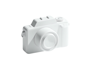 A 3D render of a white, modern-style camera against a black background