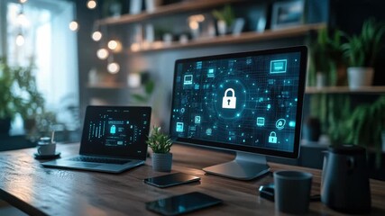 Contemporary home office with desktop and laptop displaying a glowing padlock cybersecurity interface, highlighting data protection, network security, privacy, and encryption - Powered by Adobe