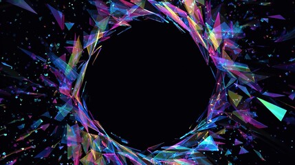 A black hole, surrounded by iridescent, fragmented geometric shapes, with sparse glittering particles