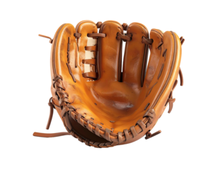 Leather baseball glove, open, showcasing inner padding and intricate stitching against black