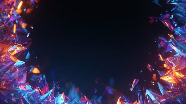 An array of iridescent, crystalline shards encircle a dark void, emanating vibrant blue and orange light
