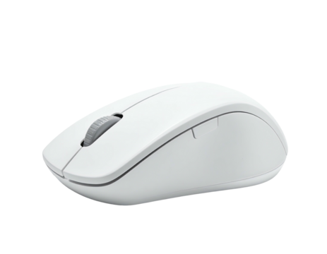 White, ergonomic computer mouse, featuring scroll wheel, buttons, and a sleek design