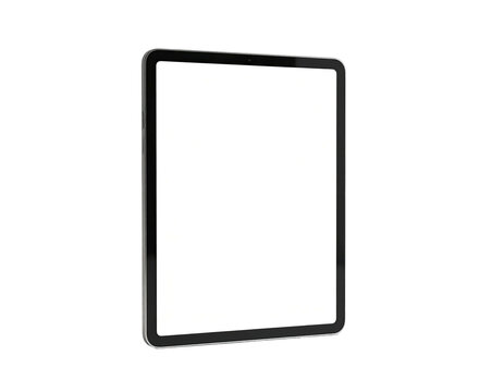 A sleek, rectangular device with a bright screen and a black border, slightly tilted