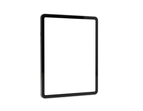 A sleek, rectangular device with a bright screen and a black border, slightly tilted