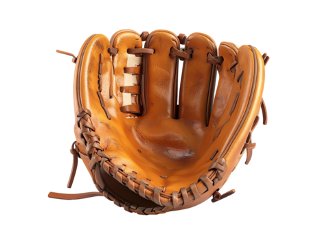 Leather baseball glove, open, showcasing inner padding and intricate stitching against black